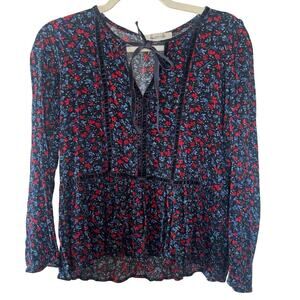 Loft Navy Floral Velvet Trim Peplum TopS Boho Cottagecore Whimsigoth Renaissance